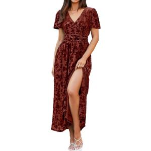 Simplee Women's Velvet Maxi Dress V Neck Short Sleeve Empire Waist Semi Formal Long Cocktail Dresses (Medium)