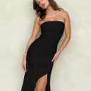 GOKATOSAU Women's Strapless Summer Mesh Ruched Split Asymmetric Ruffle Hem Bodycon Midi Dress (Black, XL)