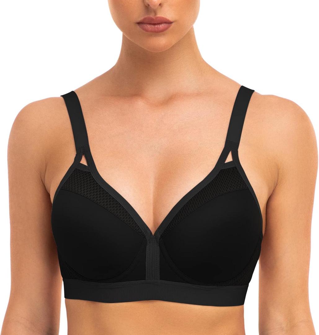 ZeroBound Women's Sports Bra High Impact Lightly Lined Underwire V Neck Full Figure Running Workout Bras (38D, Black)