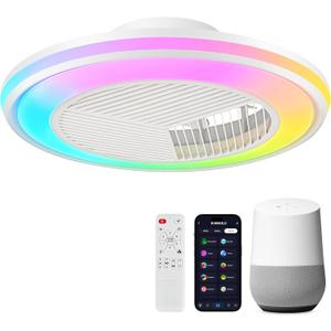 20 Inch Bladeless Ceiling Fan with RGB Light, Kids Ceiling Fan with Lights, Flush Mount Ceiling Fans with 6 Speeds, Timer, Quiet DC Motor for Modern Living Room/Bedroom/Paty/Game