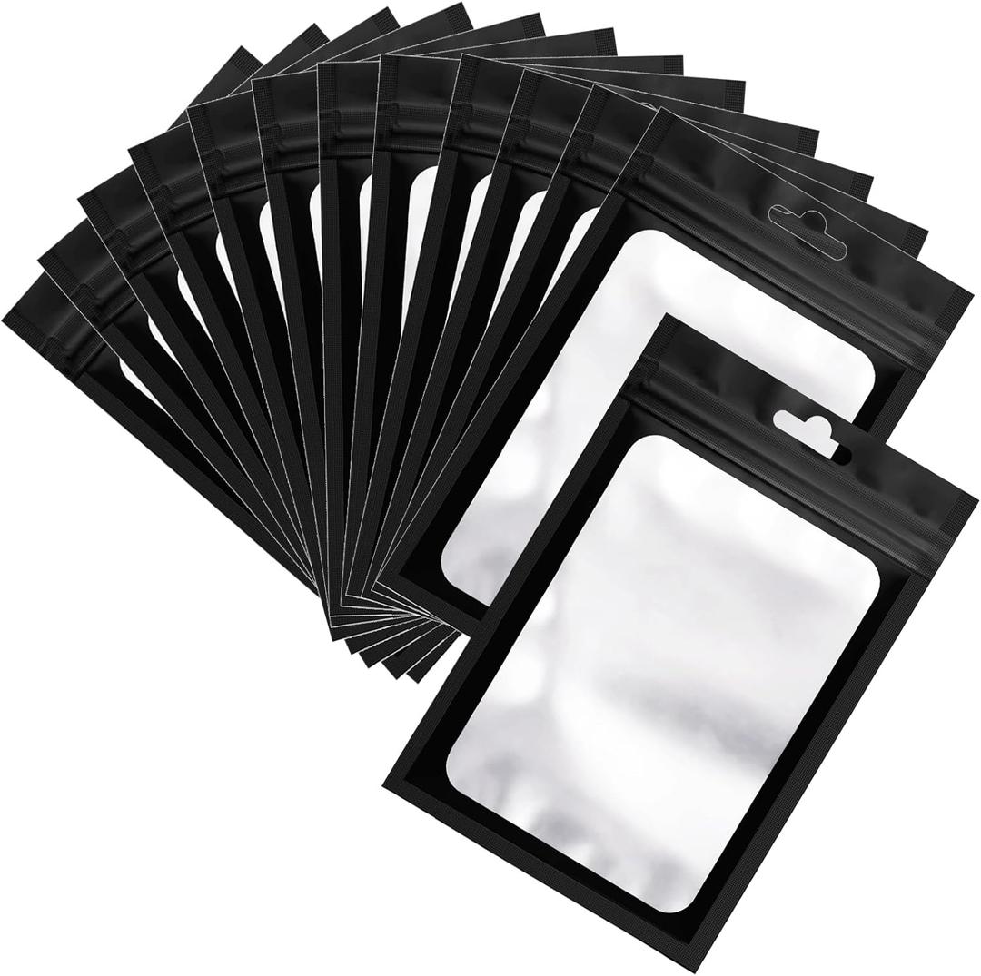 100 Pcs Resealable Mylar Bags, Sealable Odor Proof Foil Pouch Bag with Clear Window, Small Bussiness Packaging Supplies (Black, 4.7 X 7.9 Inch)