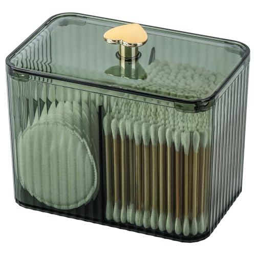 Tbestmax Qtip Holder Dispenser 3-Section Clear Cotton Swab/Pad/Ball Holder Container 3 Grids Bathroom Organizer Jar Cosmetics Storage for Vanity(Green)