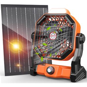 20000mAh Solar Fan, Camping Fan with Solar Panel, 7W 9-Inch Rechargeable Battery Operated Fans for Outside, LED Lantern, Stepless Speed and Quiet Battery Powered Solar Tent Fans for Outdoor, Barbecue (Orange)