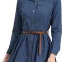 Allegra K Denim Dress for Women's Long Sleeve Belted Flared Above Knee Shirt Dress (Blue) S