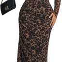 Women's Long Sleeves Maxi Bodycon Dress Tie Dye Ruched Mesh Layer Prom Formal Wedding Elegant Dresses (Medium, Leopard Print)