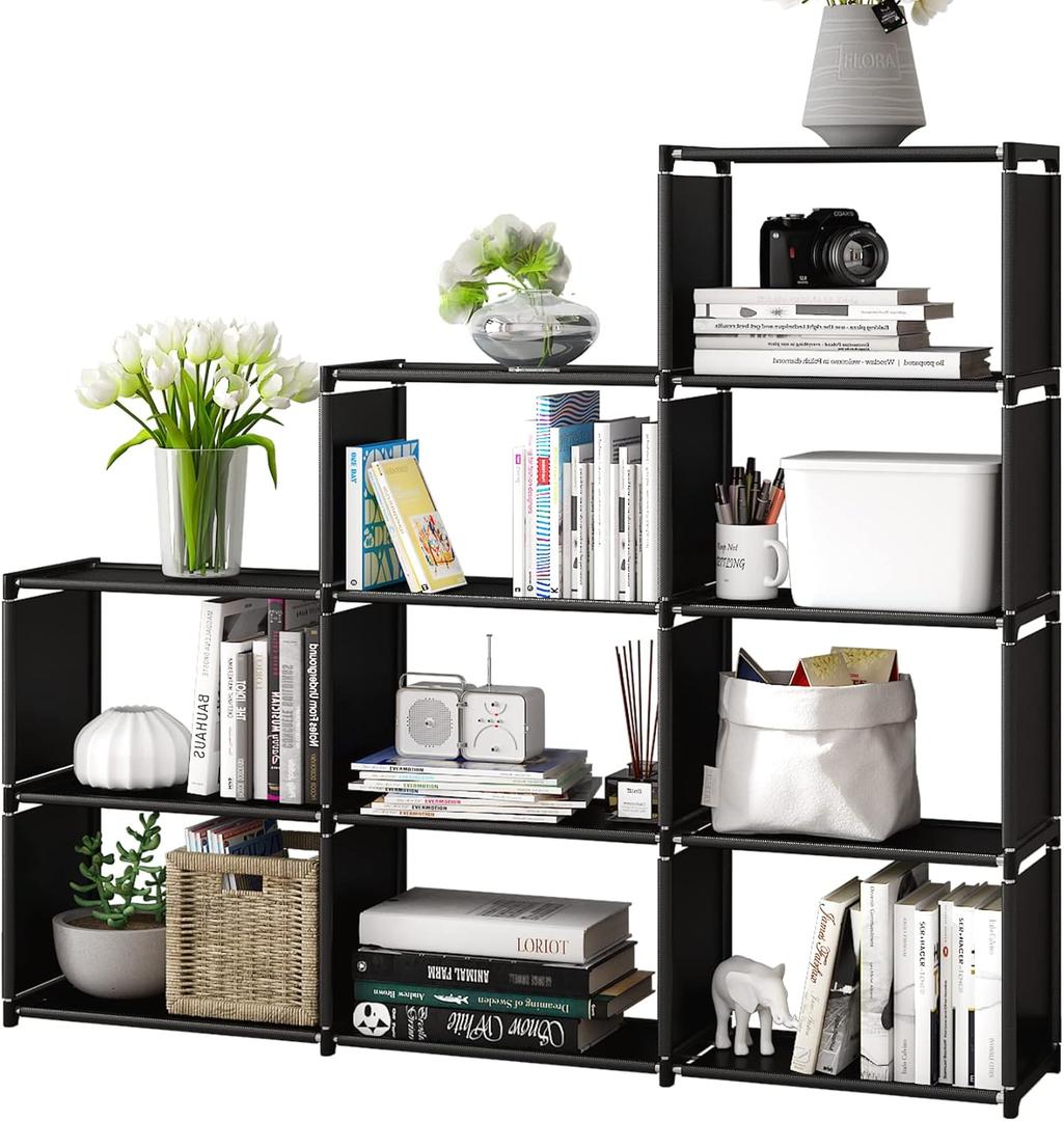 MOYIPIN Bookshelf, Assembled Storage Rack, Bedroom Living Room Vertical Cabinet Bookshelf, Double Row 9-Grid Multi-Functional Storage Equipment (Black)