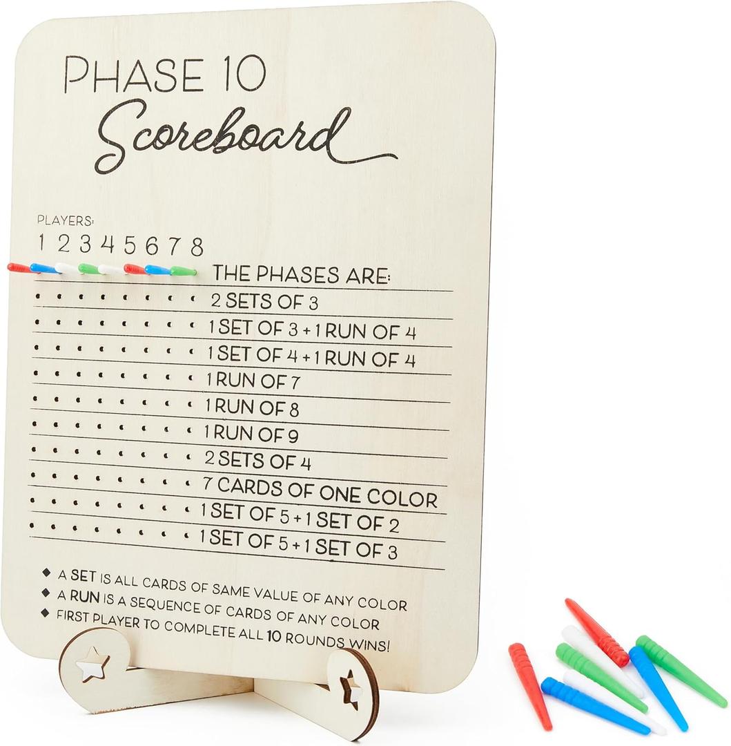 Phase 10 Scoreboard with 8 Colored Pegs and Stand  Phase Ten Card Game Score and Round Tracker  Game Night Accessory for Family Board Games, Adults, Kids, and Travel
