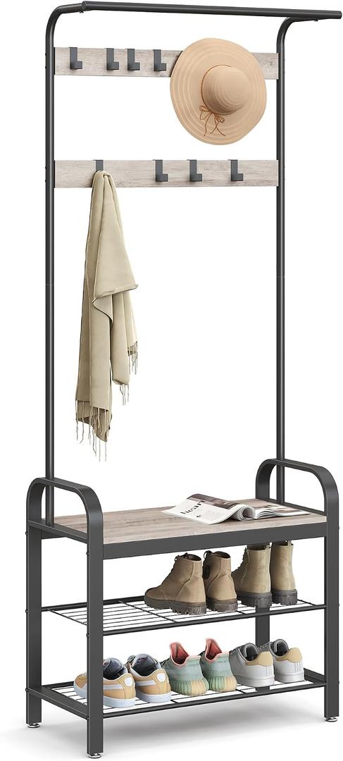 VASAGLE Coat Rack, Hall Tree with Shoe Bench for Entryway, Entryway Bench with Coat Rack, 4-in-1, with 9 Removable Hooks, a Hanging Rod, 13.3 x 28.3 x 72.1 Inches, Greige and Black UHSR40MB