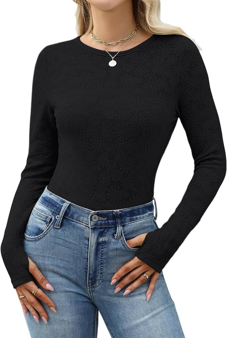 CiCiBird Womens Mesh Long Sleeve See Through Floral Lace Top Slim Fit Going Out Shirt with Thumb Holes 2025 Fall Fashion (Black, XL)
