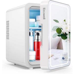 ECOWELL Mini Skincare Fridge with LED Mirror, 4L/6Can Skin Care Fridge for Makeup Cosmetic Beauty, Small Refrigerator for Bedroom Office Dorm Car, Cooler & Warmer, White