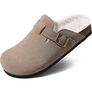 KIDMI Women's Fur Lined Suede Clogs Fuzzy Cork Footbed Mules Slip On Winter Potato Shoes, 40