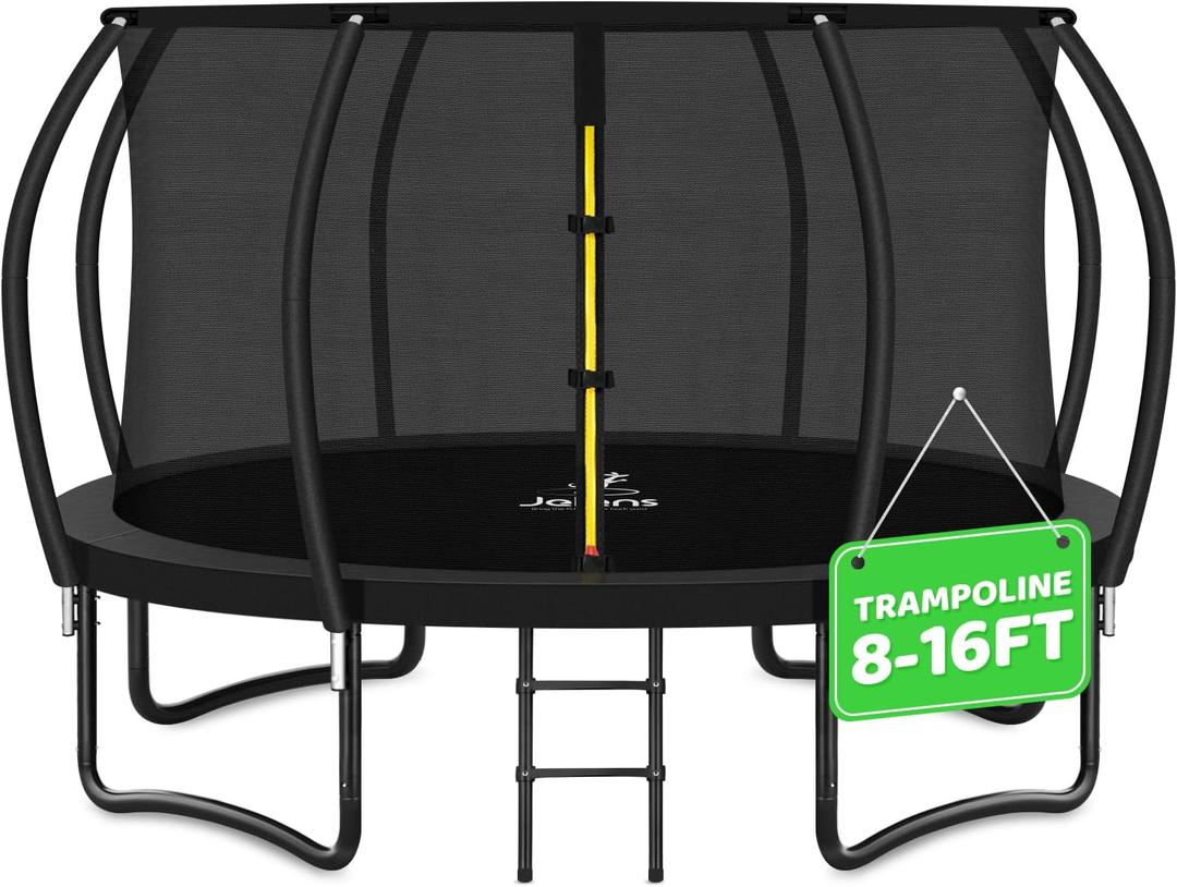 Trampoline 8FT 10FT 12FT 14FT 16FT, Recreational Trampolines with Enclosure Net and Ladder, Outdoor Anti-Rust Trampolines for Kids and Adults, ASTM Approved (Black)