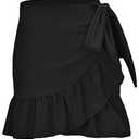 ChinFun Women's Ruffle Sarongs Beach Wrap Swimwear Bikini Tankini Cover Up Swim Skirts Swimdress Plus Size Solid Black XL