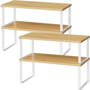 Cabinet Shelf Organizers, 15.7 Inches Large Kitchen Counter Shelf, Set of 4 Wood Kitchen Pantry Organizer, Storage Shelves for Countertop, Spice Rack, Stackable, Expandable, Metal White, Nature