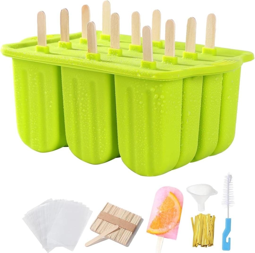 12-Cavity Popsicles Molds Set Homemade Maker Ice Pop Mold Silicone Freezer Molds with 50 Popsicle Sticks 50 Popsicle Bags 50 Ties Funnel Recipes and Cleaning Brush (Green-1)