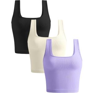 KIKIMINK Womens Crop Tank Tops 3 Pack Seamless Ribbed Sleeveless Square Neck Workout Yoga Gym Shirts Fitted Basic Camisole (M)