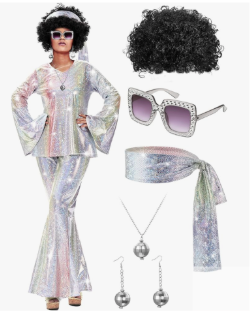 Jexine 70s Women Disco Outfit Costume Disco Party Top Pants Sunglasses Ball Necklace Earring Wig for Halloween New Year Eve, Medium