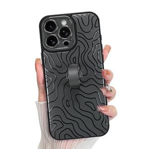 KANGHAR Compatible with iPhone 16 Pro Max Case, Silicone Wave Ripple Cute Pattern, Wristband Kickstand Camera Protection Soft Slim Cover for Girls Women -Black