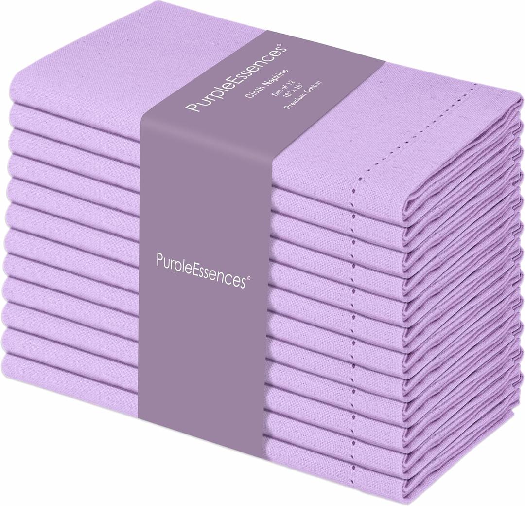 PurpleEssences Set of 12 Hemstitch Cloth Dinner Napkins 100% Cotton - Soft Durable Washable - Ideal for Wedding Spring Easter Summer - Perfect Everyday Use Table Linen 18x18 - Lavender