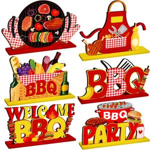 Pickmesh 6 Pcs BBQ Wooden Table Centerpieces BBQ Wood Tabletop Signs Barbecue Themed Party Decorations Home Decoration Birthday Baby Shower Decorations for Summer Carnival Party Picnic Supplies