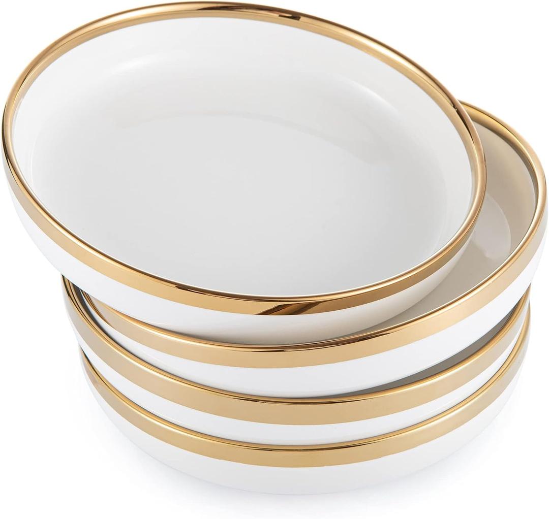 8.25-Inch Porcelain Ceramic Deep Dish Plates for Kitchen, White Serving Bowls for Pasta Salad Noodle Poke Soup Cereal Fruit Bowl (Set of 4)