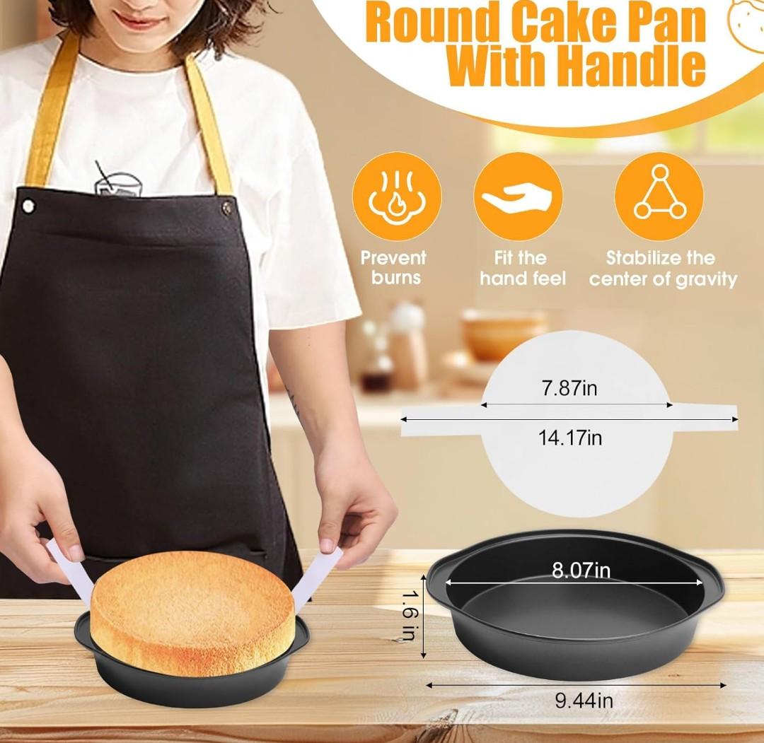 8" Round Cake Pan, 2PCS Nonstick Cake Pans with 100 PCS Parchment Paper, Carbon Steel Cake Baking Pans with Handle, Dishwasher Safe