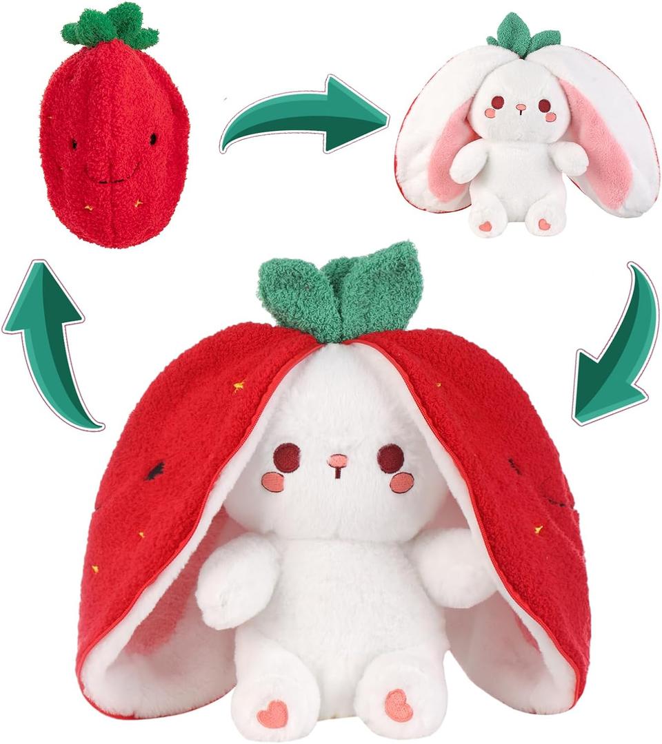 Emoin Bunny Stuffed Animal Reversible Cuddle Strawberry Bunny Plush Transformed Rabbit Toy Plush with Zipper Easter Bunny Plushies Gifts for Baby Boys Girls-7Inch
