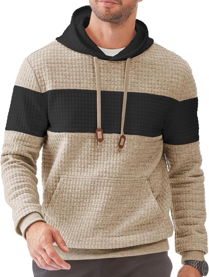 Men's Casual Sweatshirts Long Sleeve Drawstring Color Block Pullover Graphic Hoodies with Pockets (XX-Large, Khaki)
