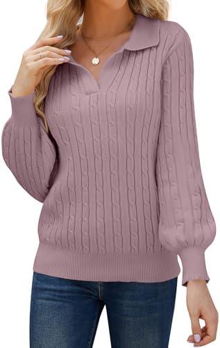 JUSTFASHIONNOW Womens Sweaters Polo V Neck Cable Knit Sweater Dressy Casual Pullover Jumper Tops Fall Winter Trendy (Pink, S)