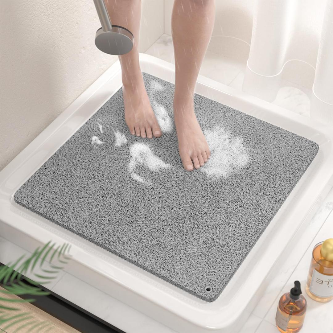 HITSLAM Non Slip Shower Mat for Textured Tub Floor, 21x21 Inch Square Loofah Bath Mat for Inside Shower Stall, Quick Drying, No Suction Cups, Grey