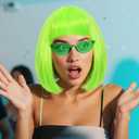 Lime Green Bob Wigs Colorful 3 Pcs Funny Wigs for Women Neon Green Costume Party Wig for St Patrick'S Day Short Neon Green Wig Cosplay Outfit Halloween Party +Sunglasses+Hair Cap