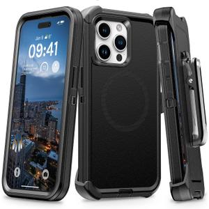 for iPhone 13 Pro & 14 Pro Case with Belt Clip Holster, Anti-Shock, Anti-Slip, Compatible with MagSafe, 3-Layer Drop Protection, Heavy Duty Magnetic Phone Case Cover 14 Pro, 6.1", Black