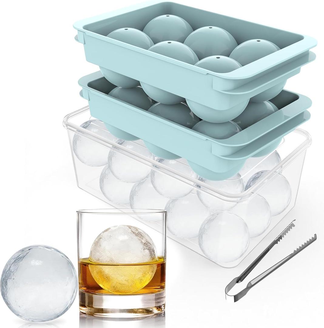 Large Ice Ball Maker Mold, 1.9" Round Ice Cube Mold for Whiskey Bourbon Cocktail, 6 Balls, Sphere Ice Mold, Big Ice Cube Tray with Container and Tongs, Easy to Fill & Release (Blue)