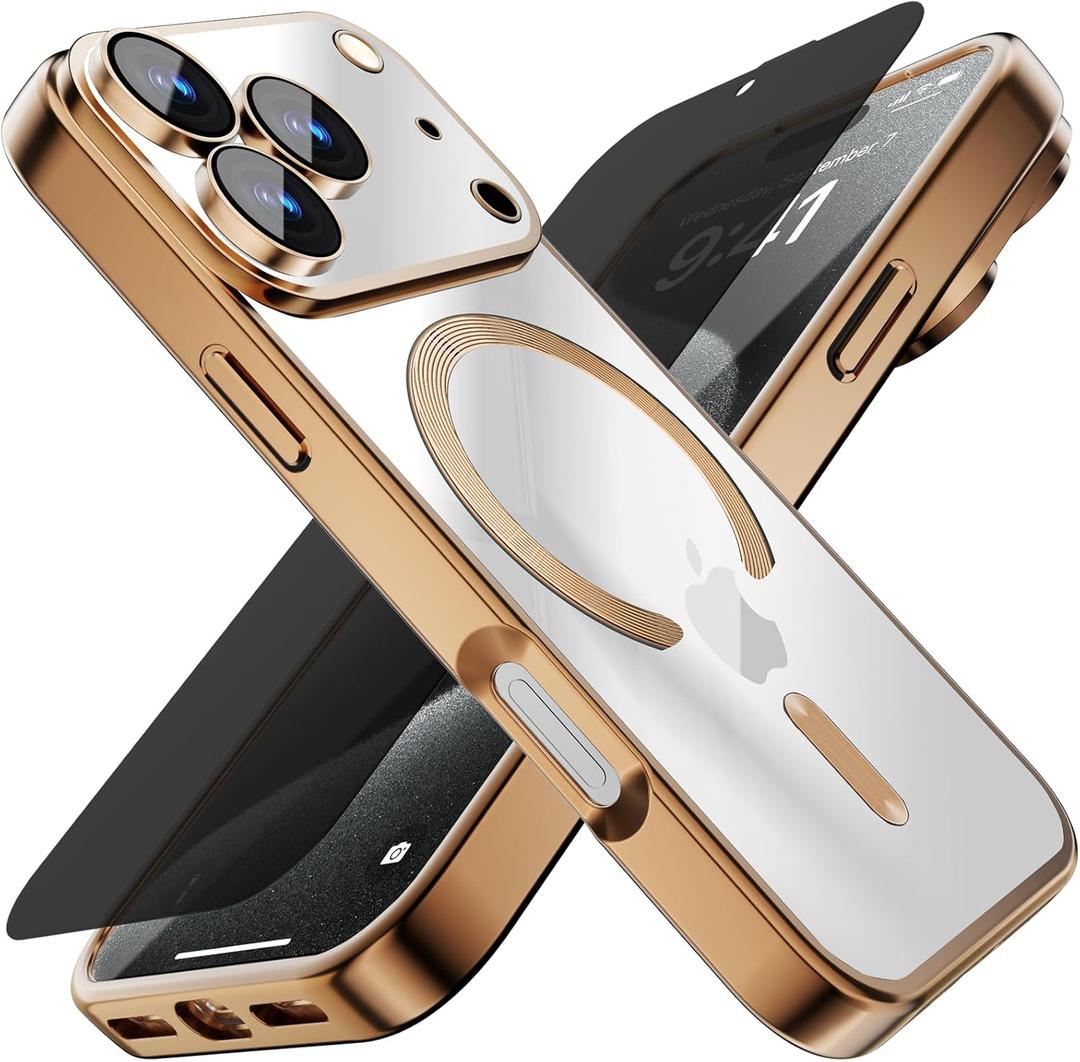 Misscase for iPhone 17 Pro Case with Privacy Screen Protector,[Camera Lens Protector] Clear Magnetic Luxury Plating Case Compatible with MagSafe Elegant Anti-Scratch Case Cover 6.3 inch Gold