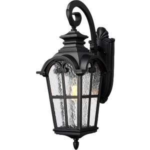 Emliviar Farmhouse 25 Inch Outdoor Wall Lantern Sconce, 1-Light Large Patio Wall Light Fixture with Water Grain Glass, Black Finish, WE215BM BK, 24.9 Inch - No Function