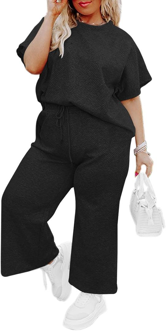 Imily Bela Womens Plus Size 2 Piece Sets Summer Vacation Outfits Short Sleeve Tops and Wide Leg Pants Matching Lounge Set (XX-Large, Black)