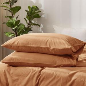 MooMee Bedding Pillowcases Pack of 2 100% Washed Cotton Linen Like Textured Breathable Durable Soft Comfy (Solid Dark Orange, Standard)