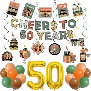 Vintage 50th Birthday Decorations Set 1976 Birthday Decorations Cheers to 50 Years Banner Centerpieces and Hanging Swirls Back in 1976 Party Decor for Women and Men with 32 Inch Number Balloons