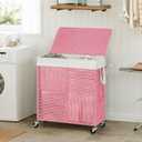 WOWLIVE Double Laundry Hamper with Lid, Handwoven Rolling Laundry Basket with Wheels, 115L Dirty Clothes Hamper with Removable Liner Bag Large Capacity Laundry Sorter Laundry Room Organization,Pink