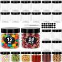 YIKORLO 24 Pack Plastic Jars with Lids, 12oz Clear PET Jars Containers with Airtight Lids, Black Lids Plastic Storage Jar with Pen & Labels for Dry Food Kitchen Craft Storage Office Storage