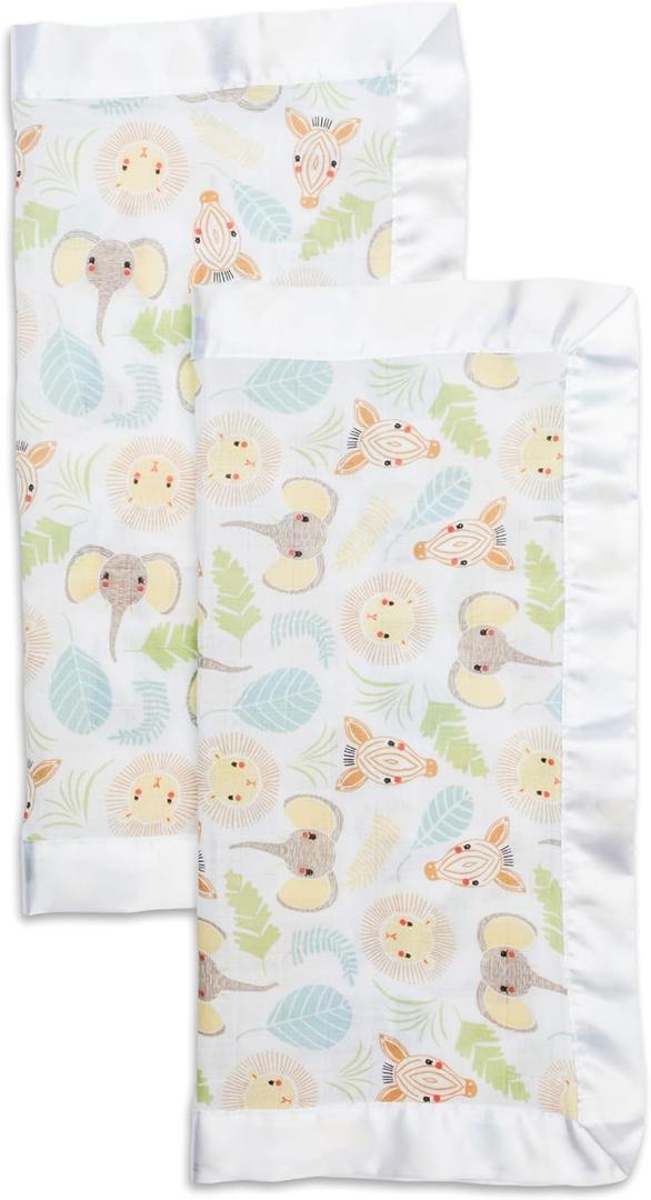 Lulujo Baby Security Lovey Blankets| Unisex Softest Breathable Cotton Muslin Security Blanket with Silky Satin Trim| Neutral Comforting Blanket for Girls & Boys | 16in by 16 in| Jungle Safari