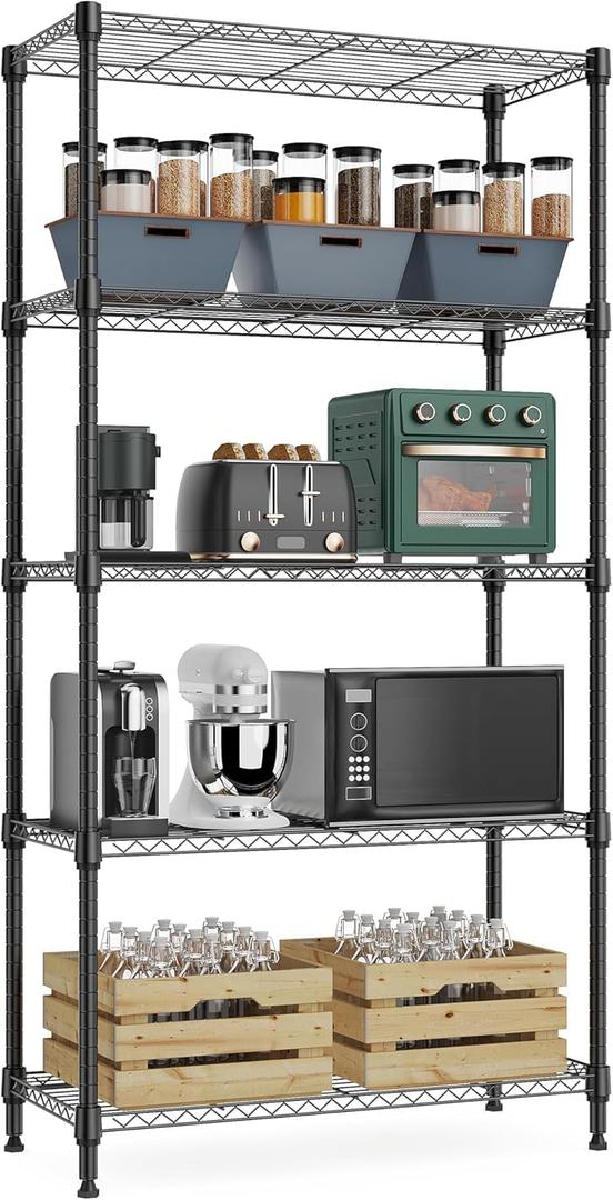 Xcity Storage Shelves, 5 Tier Heavy Duty Metal Shelving Unit, 2000 LBS Adjustable Steel Wire Shelf for Commercial, Pantry, Kitchen, Garage, 14" D x 30" W x 60" H, Black