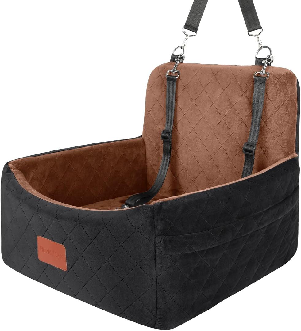 WOOAIDAGG Dog Car Seat for Small Dogs Under 30lbs,Ultra Soft Fabric & Memory Foam Pet Travel Car Bed,Washable & Detachable,Anti-Slip Bottom,2 Storage Pockets and Safety Tethers(Black/Brown)