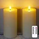 Flameless Real Wax 4" x8" Ivory Timer Remote Pillar Candle Grease Design, Battery Operated Long Lasting 3D Wick LED Flickering Pack of 2 Fake Candles Warm Light