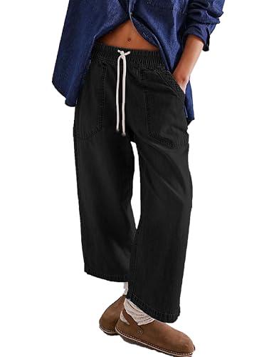 Zontroldy Women's Drawstring Mid Waisted Wide Leg Jeans Loose Fit Straight Leg Denim Pants with Pockets(1476-Black-S)