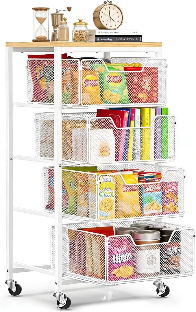 Rolling Cart with Drawers, 4-Tier Utility Cart Snack Storage Organizer with Lockable Wheels, Metal Kitchen Storage Cart with Wooden Top for Craft, Bathroom, School, Office, Bedroom, White