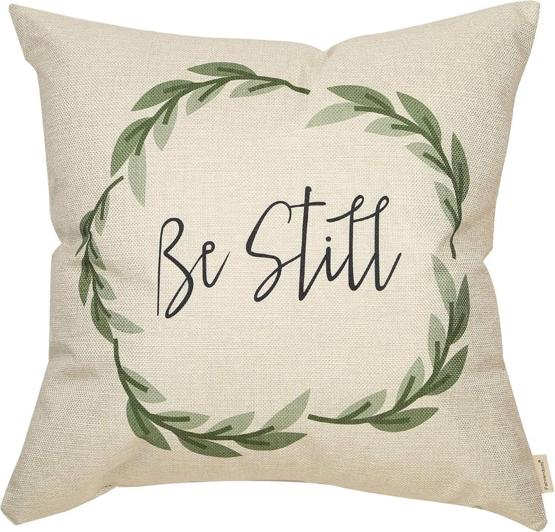 Fahrendom Rustic Be Still Green Olive Wreath Vintage Farmhouse Dcor Spring Summer Sign Decoration Cotton Linen Home Decorative Throw Pillow Case Cushion Cover with Words for Sofa Couch, 18 x 18 in