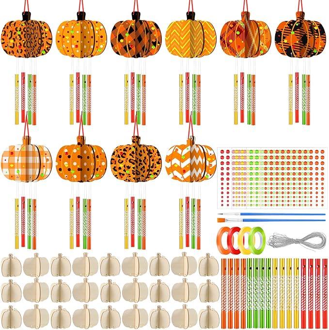 Weysat 30 Sets Fall Crafts Pumpkin Wind Chime Making Kit Wooden Arts and Crafts Ornaments DIY to Paint Autumn Craft for Kids Classroom Activity Fall Projects Autumn Thanksgiving Decorations