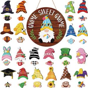 Wenqik 41 Pcs Interchangeable Gnome Decor Holiday Wooden Seasonal Gnome Decor Detachable Magnet Hat and Hand Welcome Sign for Home Decoration (Dark Brown)