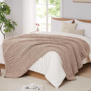 L'AGRATY Chunky Knit Blanket Throw: 72''x84'' Chenille Chunky Knitted Throw Blankets for Bed Couch  Handmade Thick Big Cable Knit Blanket  Large Crochet Rope Blankets for Home Decor(Light Taupe)